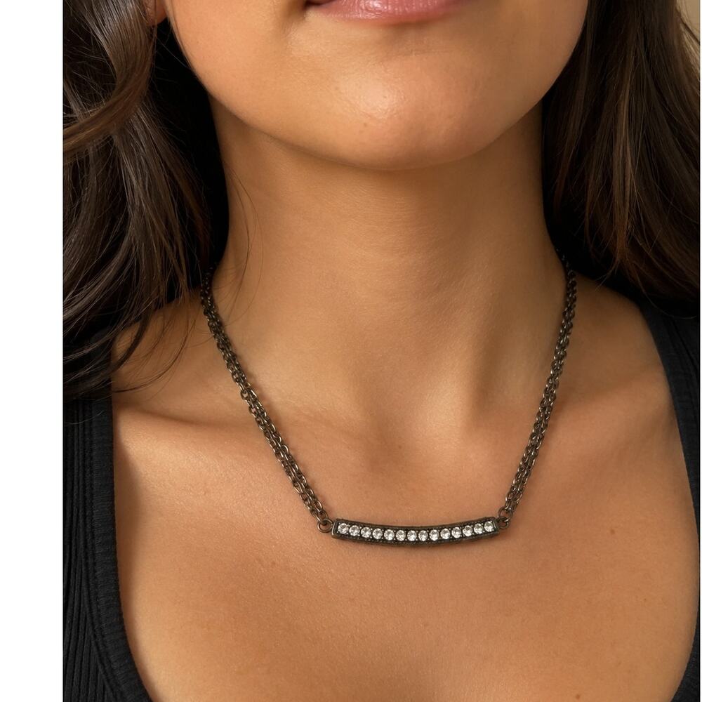 Vintage Gunmetal Crystal Bar Necklace Minimalist Layered Rhinestone Pendant